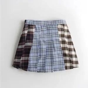 Hollister Blue Brown Plaid Pleated Mini Skirt
